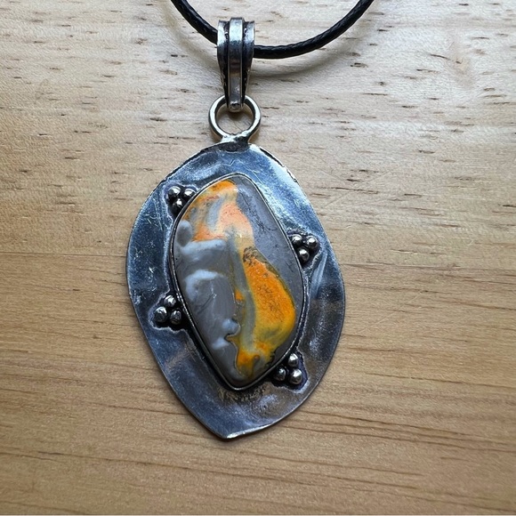 New Bumble Bee Jasper Stone Silver Overlay Pendant Necklace with Cord Bumblebee - Picture 3 of 7